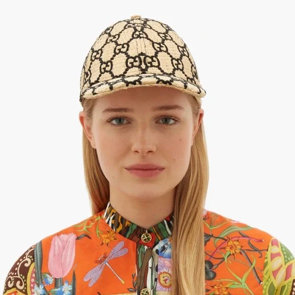 Gucci Rafia Cap Gucci Hat Baseball Cap Woven Raffia Straw Blue Chevron GG  main image 2